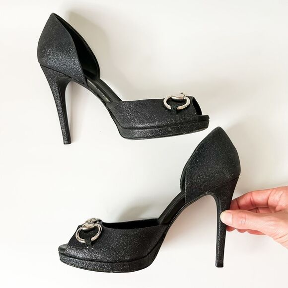 Gucci Heels Stardust Charlotte Black Glitter Horsebit D'Orsay Peep Toe Pumps 37, - Picture 5 of 13